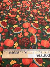 Fall Harvest Thanksgiving Pilgrim Feast 100 med cotton fabric by the yard Green