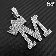 HIP HOP ICED LAB DIAMOND WHITE GOLD PLATED ALPHABET INITIAL M CHARM PENDANT