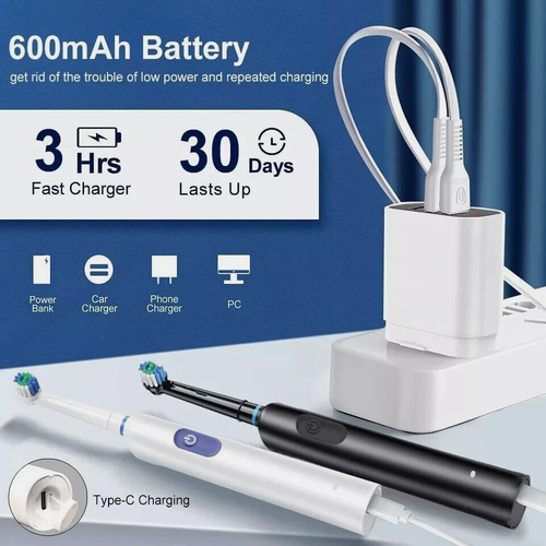 Toothbrush Electric Rechargeable Pro Rotating Brush Oral-B Heads Timer Modes USB - Picture 7 of 12