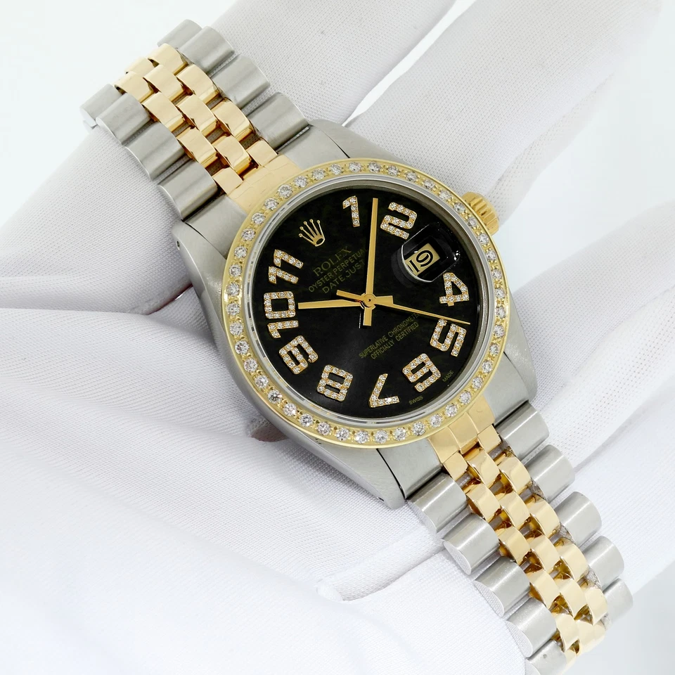 RELOJ ROLEX DATEJUST PARA HOMBRE 2 TONOS ESFERA DE DIAMANTE ROMANO NEGRO ORO 18K BISEL DE DIAMANTES Foto 3 de 4