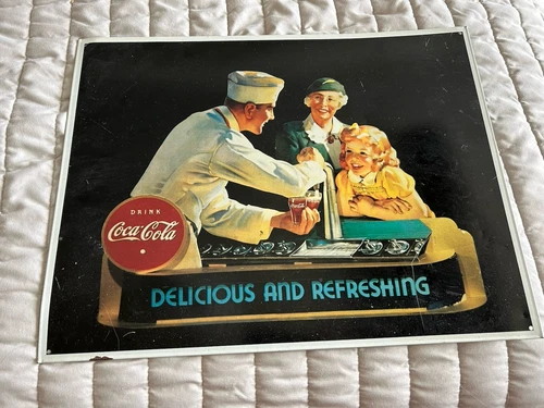 Vintage Reproduction Tin Sign Advertising Coca Cola In A Dime Store Or Diner
