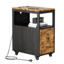 Narrow End Table with Charging Station and Wheels, Movable Narrow End Table w...