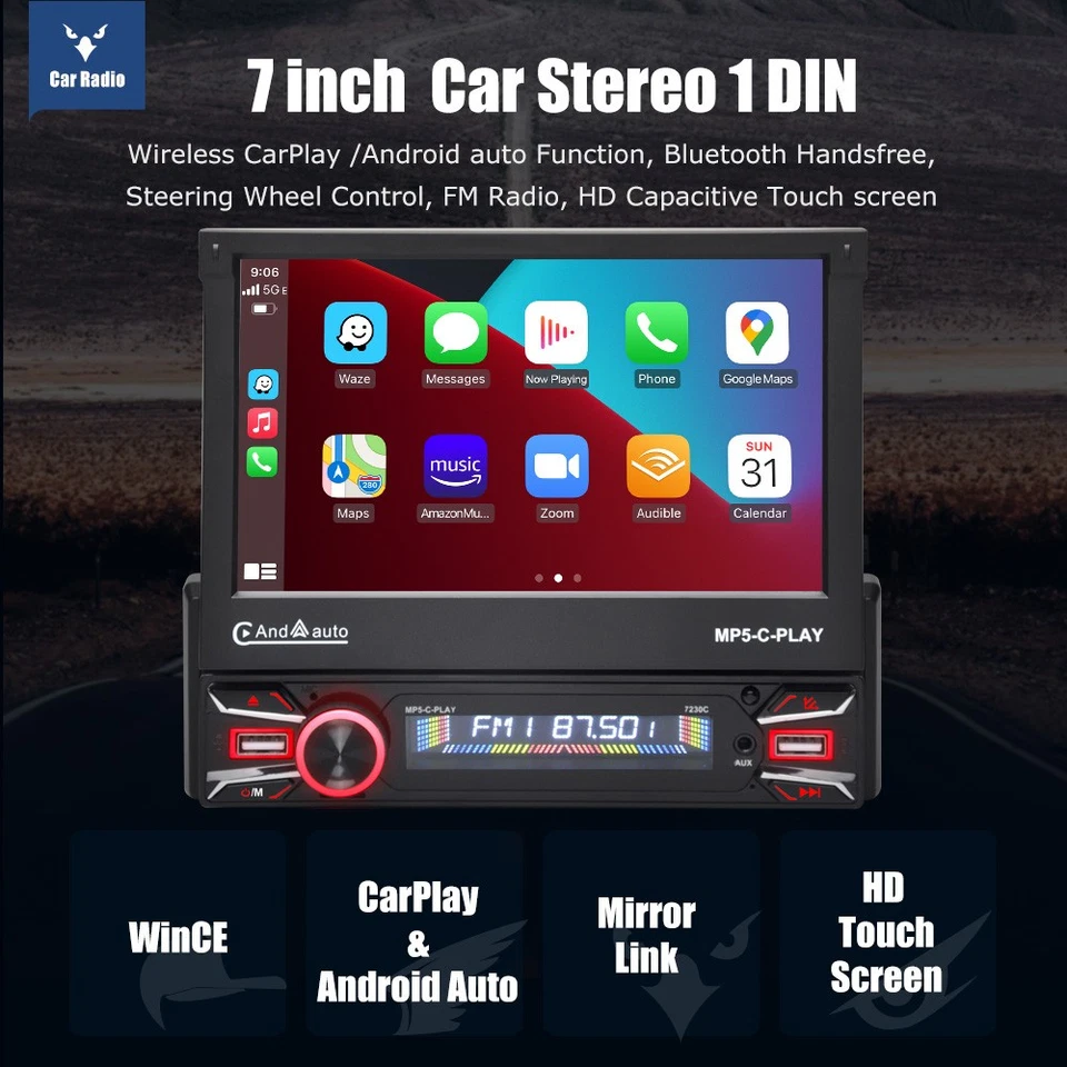 7" Single 1 DIN Car Stereo Radio GPS Bluetooth FM Radio Retractable Screen +Cam - Image 2 of 4