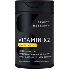 Sports Research Vegan Vitamin K2 MK7 180mcg with Coconut Oil 60 Veggie Softgels