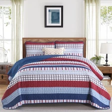 Striped Quilt Set Queen Size, Red Blue Boho Striped Bedspread Coverlet Set 3 ...