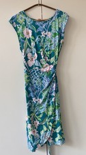 Floral Knit Cotton Wrap Dress Green Blue Pink White Tie Knee Length Cap Sleeve