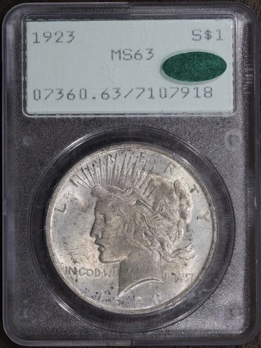 1923 (MS63 CAC) Peace Silver Dollar $1 PCGS Rattler - Old Holder