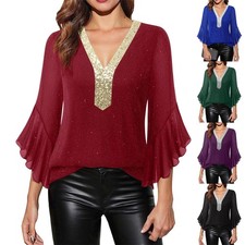 Womens Sparkly Sequins V-neck Tops Blouse Summer Mesh Flare Sleeve Tee Shirts UK