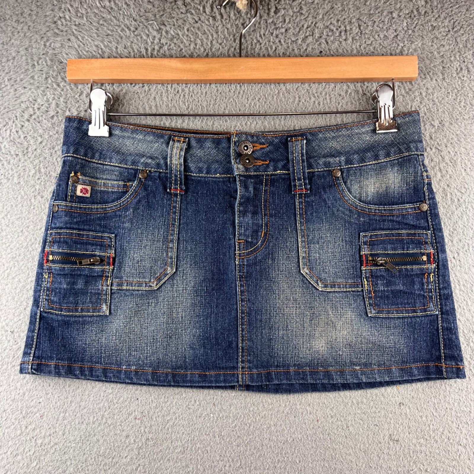 Y2K Paris Blues Denim Cargo Mini Skirt Distressed Blue Size 7
