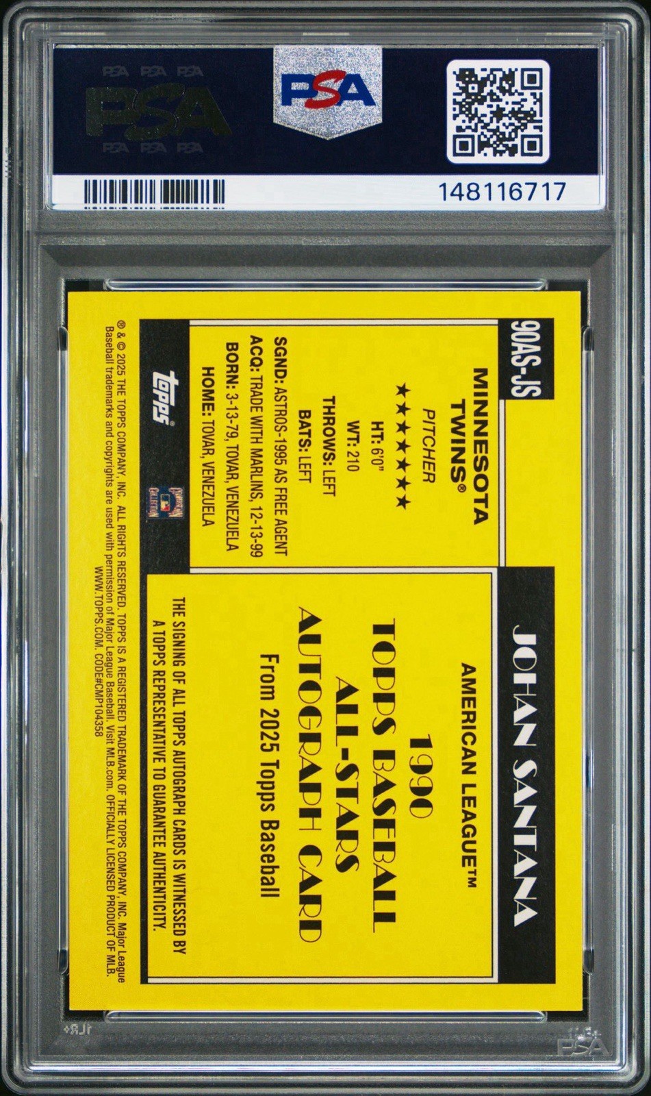 2025 Topps Update Johan Santana 1990 Border Orange/25 Auto PSA 10 POP 1 view 2