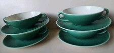 Poole Pottery Set Of 4 Handled Soup Bowls & Saucers Twin Tone Green
