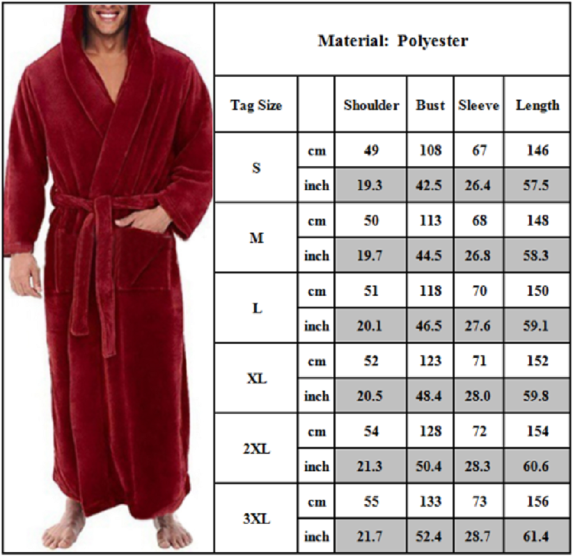 Men's Winter Warm Fleece Long Dressing Gown Bathrobe Hoodie Hooded Bath