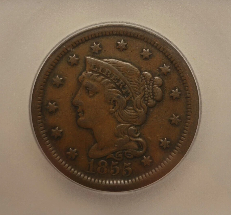 1855 Large Cent Braided Hair ICG VF 20 Upright 5's BROWN! - Image 2 of 4