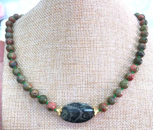 Natural Labradorite Epidote Stone Gemstone Necklace + Ocean Stone Pendant - Picture 6 of 24