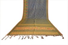 FNC Vintage Saree Indian Blue Hand Woven Ikat Blend Silk Sari Craft Fabric 5Yd.
