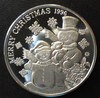 スーパーセール❗️クリスマスに❣️現地の75%引き　英国老舗　1860年代　銀メッキ 1996 Merry Christmas Snowmen Peace on Earth Silver Art Round A3918