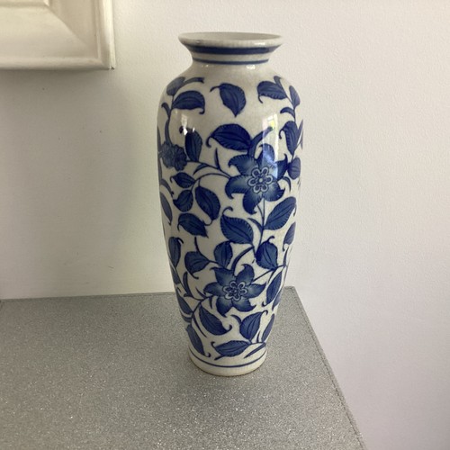 Vintage Chinese Tall Blue Floral Vase 10 Inches Tall