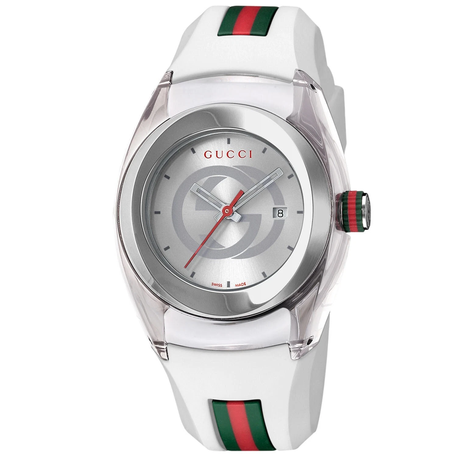 Montre femme Gucci Sync L cadran argenté bracelet caoutchouc blanc   YA137302