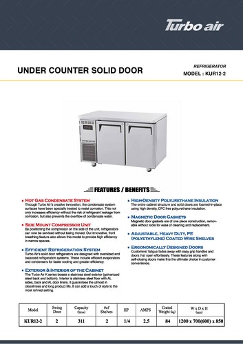 Turbo Air Undercounter 2 Door Refrigerator W1200 D700 H850mm: KUR12-2(HC) - Picture 5 of 6