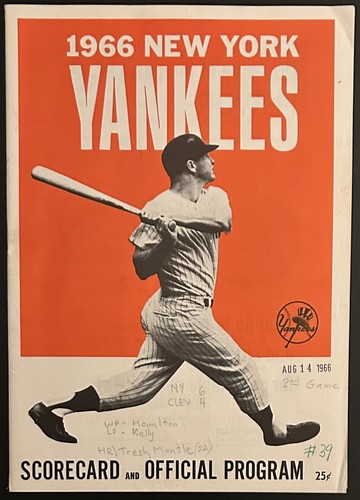1966 New York Yankees vs Cleveland Indians Program-Scored Mickey Mantle Cover