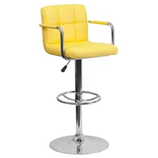 Contemporary Yellow Quilted Vinyl Adjustable Height Bar Stool with Arms