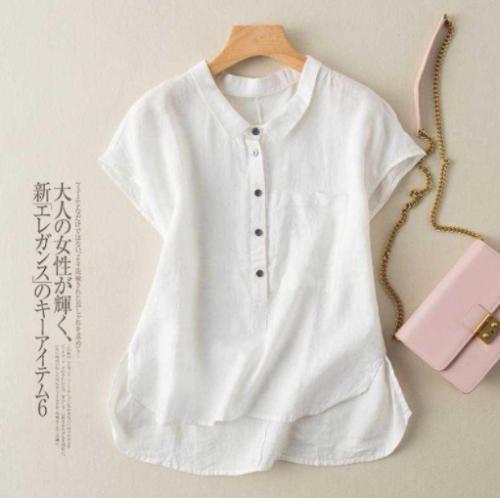 Damen Shirts Bluse Kurzarm Einfarbig Polo Pullover Leinen Locker Vintage - Bild 2 von 17
