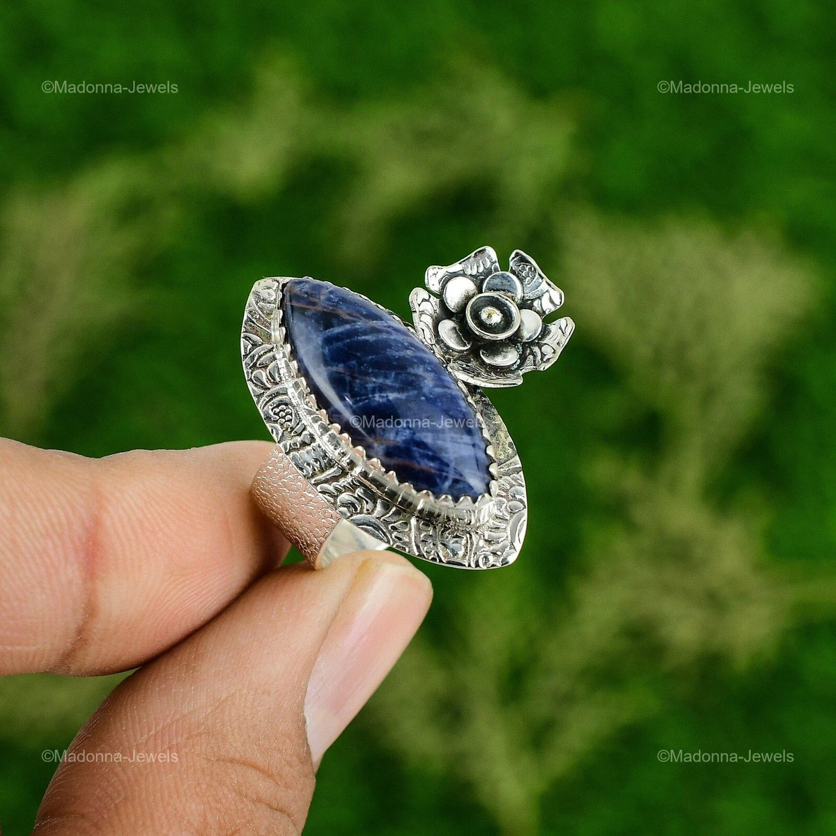 Natural Sodalite Gemstone 925 Silver Stackable Flower Ring Size 7