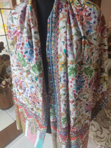 WHITE Kalamkari Print pashmina ~ FAMOUS DESIGNER ARTIST shawl Cashmere RARE ITEM - Picture 6 of 8