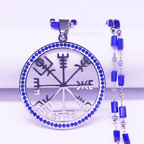 Viking Vegvisir Stainless Steel Crystal Necklace Nordic Runes Odin Pendant Women - Picture 2 of 4