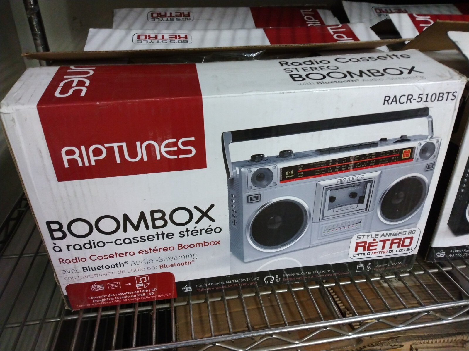 Riptunes RACR-510BTS Radio Cassette Stereo Boombox With Bluetooth Audio - Silver