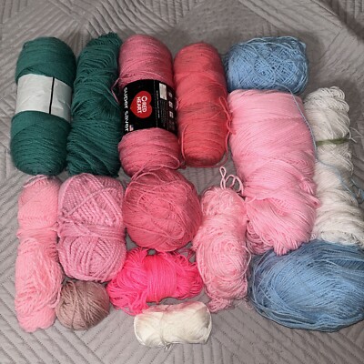 Lot Of Mixed Yarn Pink Teal Blue White Pastels Worsted Many Almost Full  Box 9