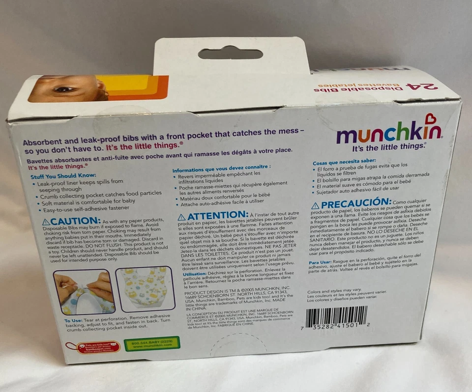 NUEVO Baberos Desechables Munchkin para Bebé 24 Ct Bolsillo para Migas 13.5" x 9" Foto 4 de 4