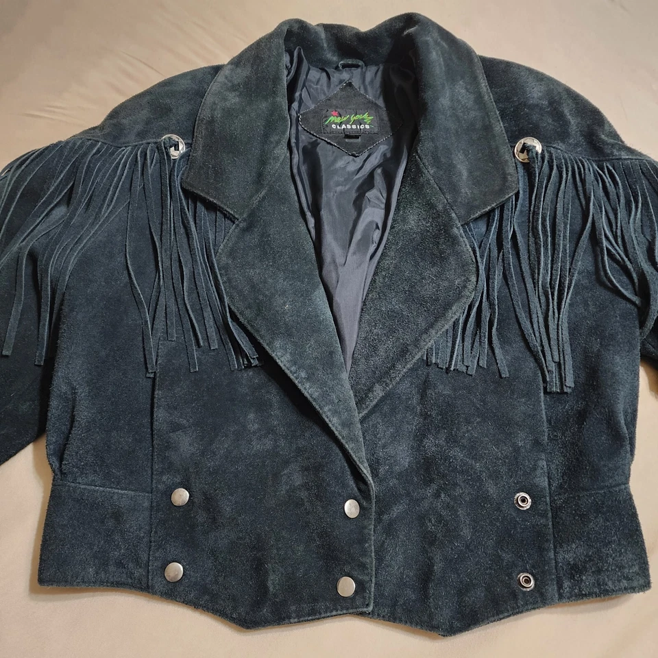 Chaqueta de cuero para mujer New York Classics motocicleta de colección flecos y conchos pequeña Foto 4 de 4