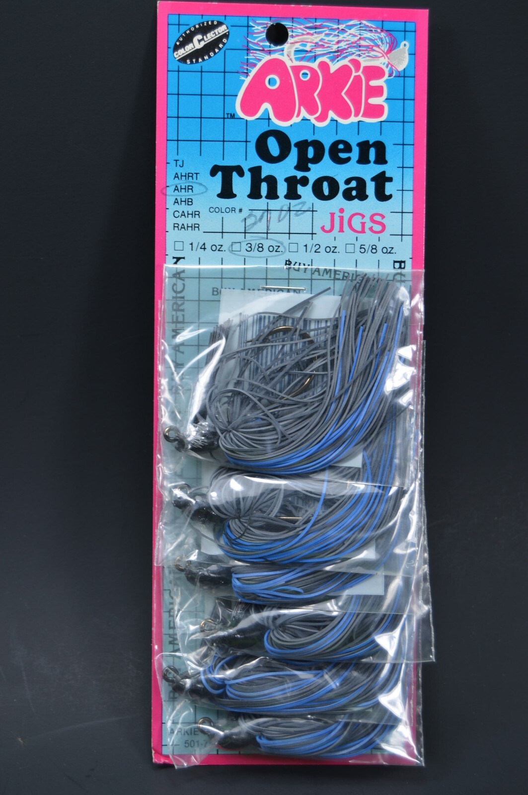 Arkie Open Throat Jigs Lure,Weedless AHR,3/8 Oz,Gray & Blue,6 On Card,New