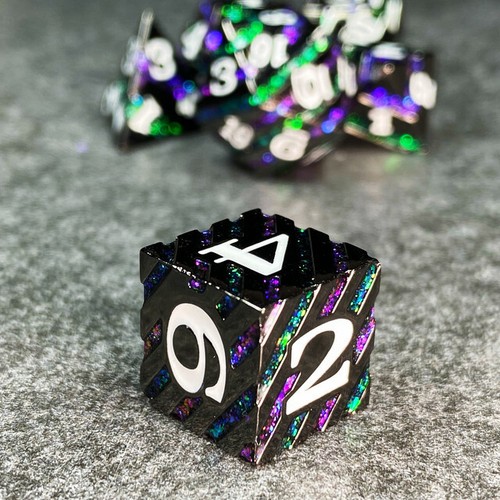 Sage's Dimension Stones - Black Purp/Grn Stripes Metal Polyhedral Dice Set DnD - Picture 6 of 9