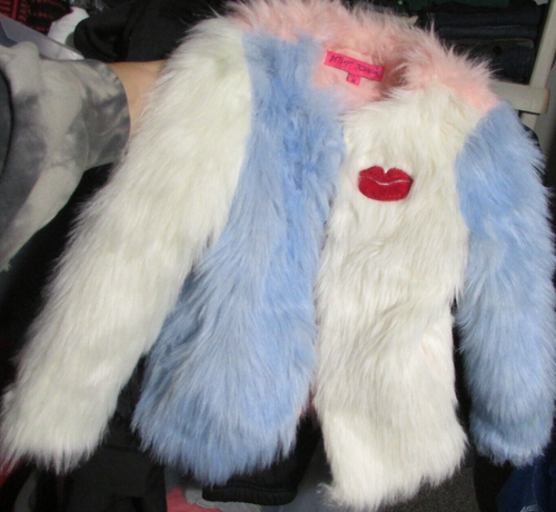 Betsey Johnson 4T Faux Fur Hairy shaggy Jacket Lips Pink White blue New Y2k Vtg - Picture 2 of 16