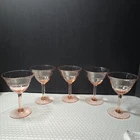 Vintage Pink Depression Glass Champagne Coupes Set Of 5 Etched Design