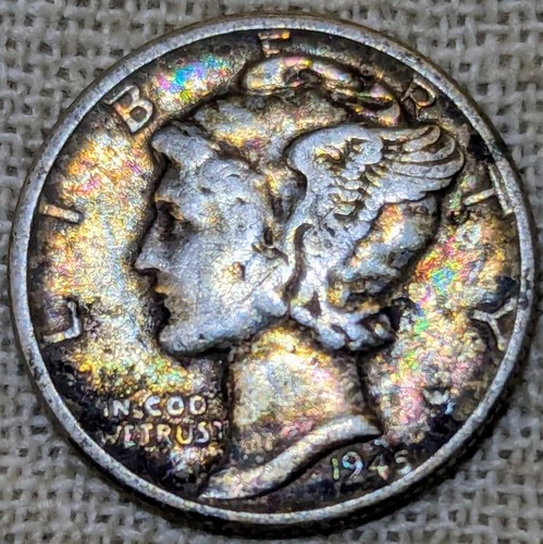 1945 Mercury Dime Fine/VF : Rainbow Tone, Last Year - .9 Fine Silver Coin