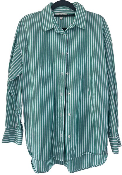 Miss Shop Green and White Striped Shirt Size 6 Cotton Button Up Relaxed Fit 