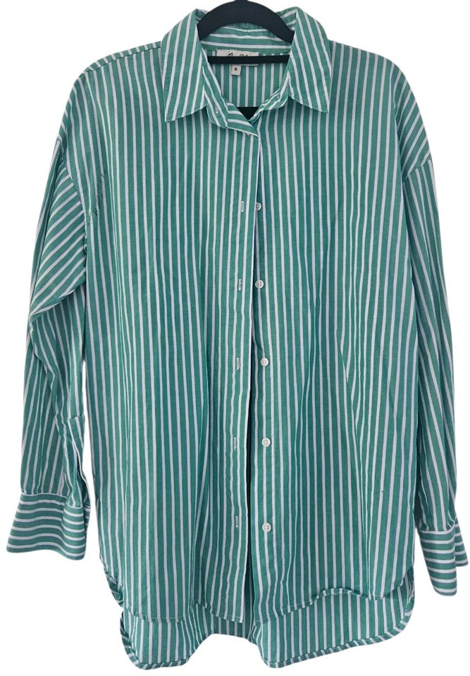 Miss Shop Green and White Striped Shirt Size 6 Cotton Button Up Relaxed Fit 