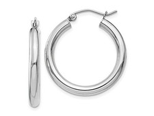 1" Plain Polished Round Tube Hoop Earrings Real 14K White Gold 3mm X 25mm