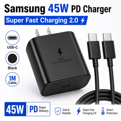 Samsung 45W PD USB-C Charger Super Fast Charging 2.0 US Plug 1M Cable Black