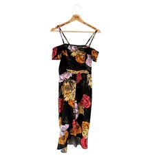 Ladies River Island Dress Black Flower Print Strappy Cold Shoulder Midi Size 10