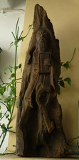 vintage oriental,hand carved wooden log,standing monk figure.