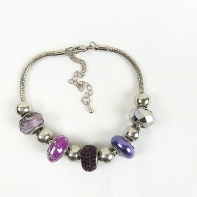 Vintage Purple Beaded Charm Bracelet Silvertone Enamel 8'' with 3'' Extender