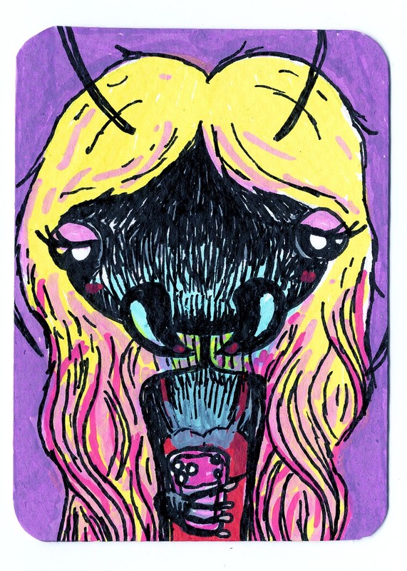 ACEO original art card drawing- "BrANTz #2 Cool Girl Bugs Measuring 2.5" x 3.5