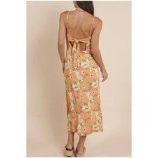 Floral Strappy Low Cut Tie Back Midi Slip Dress Bold Orange Beach Garden Size L