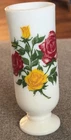 Vintage AVON Red & Yellow Roses White Milk Glass Handled Pedestal Bud Vase 5''H