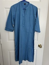 Blue Cotton Kurta Kurti 3/4 Sleeves Collar Men's L Traditional Style