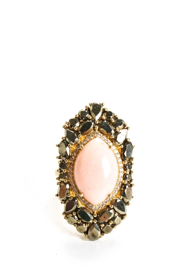Anillo de cóctel pirita cabujón ópalo rosa chapado en oro plata esterlina 8 rarezas Foto 2 de 4